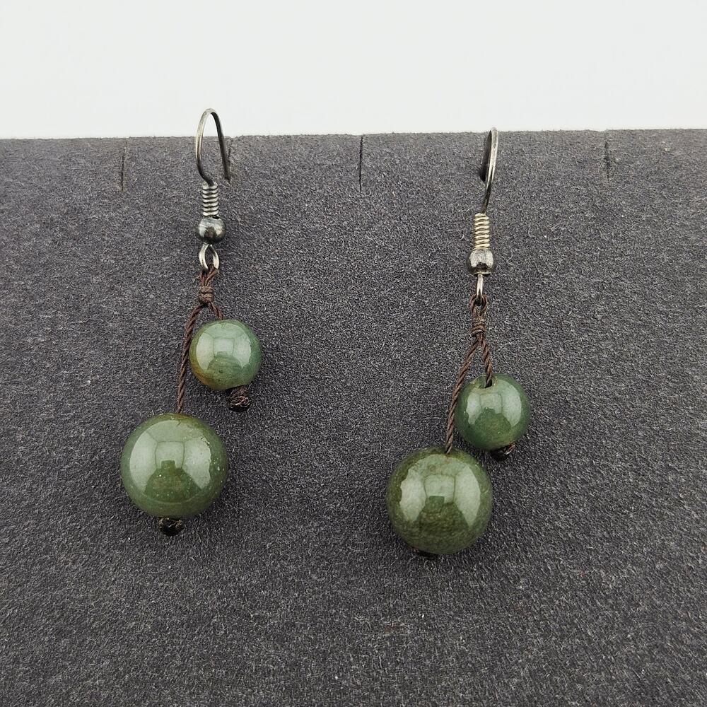 Olive Green Round Beaded Drop Dangle Hook Earrings Bohemian Earthly Hippie Stone